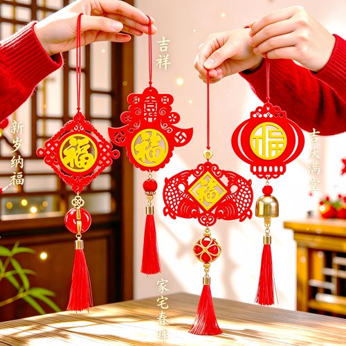 羊年春节新年街道盆景树木挂饰玄关双色木牌过年绿植公司布置 - 图2