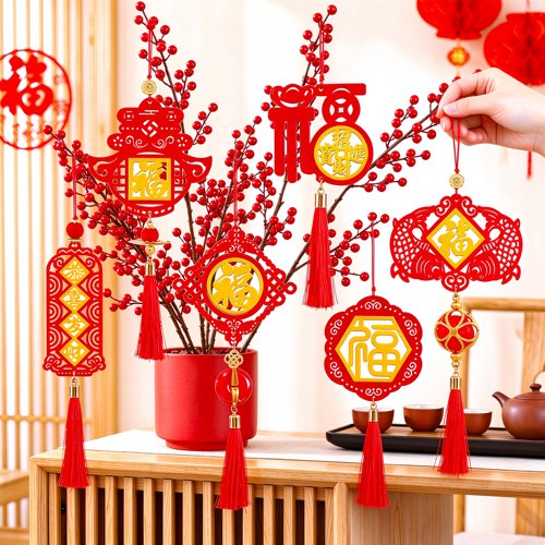 羊年春节新年街道盆景树木挂饰玄关双色木牌过年绿植公司布置 - 图1