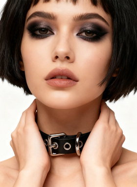 黑色牛皮项圈牵引绳女情趣刻字