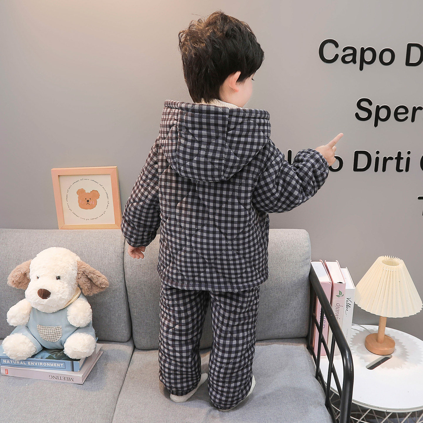 儿童三层夹棉格子珊瑚绒睡衣套装男女童冬季加厚保暖家居服可外穿,淘宝优惠券,粉丝福利购,淘宝优惠卷