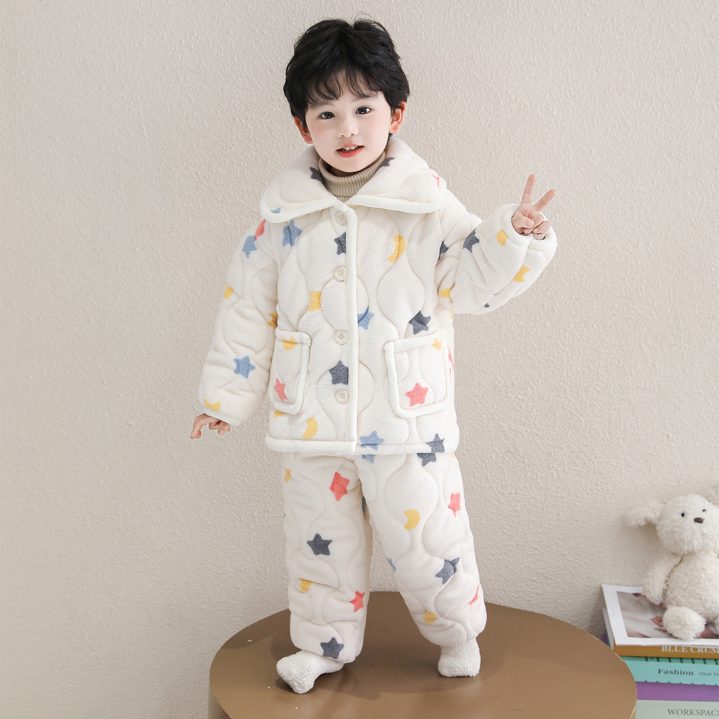 儿童卡通星星三层加厚睡衣套装男童女童冬季加厚保暖家居服两件套,淘宝优惠券,粉丝福利购,淘宝优惠卷