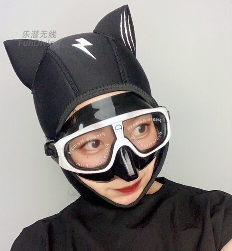 AturDive卡通猫女郎咪潜水帽猫咪头套浮潜防晒尾巴可换黑粉白3色 - 图1