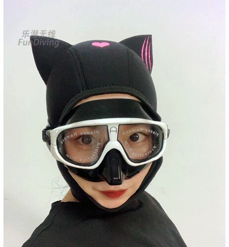 AturDive卡通猫女郎咪潜水帽猫咪头套浮潜防晒尾巴可换黑粉白3色 - 图2