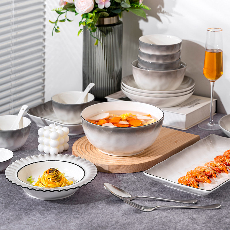 2026碗碟套装家用釉下彩轻奢高温渐变灰餐具陶瓷盘子高级感手捏纹