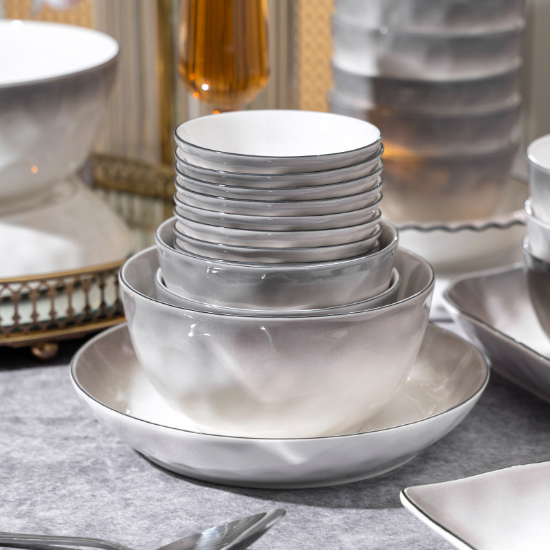 2026碗碟套装家用釉下彩轻奢高温渐变灰餐具陶瓷盘子高级感手捏纹