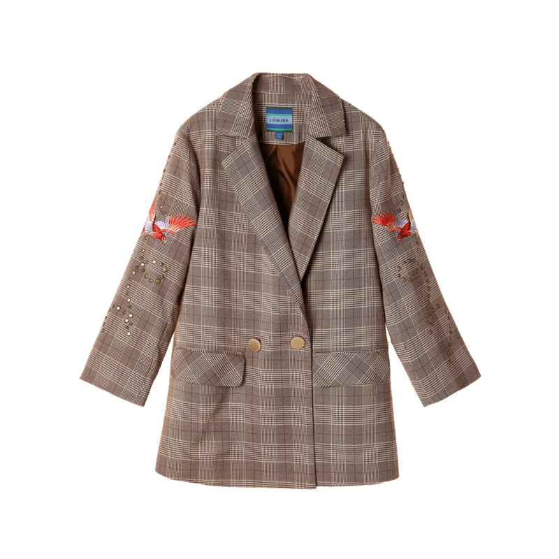 裂帛2019秋冬新款刺绣复古格子格纹 裂帛玉茗短外套