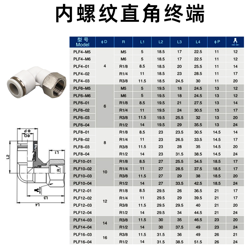 内牙弯头PLF气管万向接头4 6-01 8-02 10-03 12-04内螺纹二通M5M6 - 图0