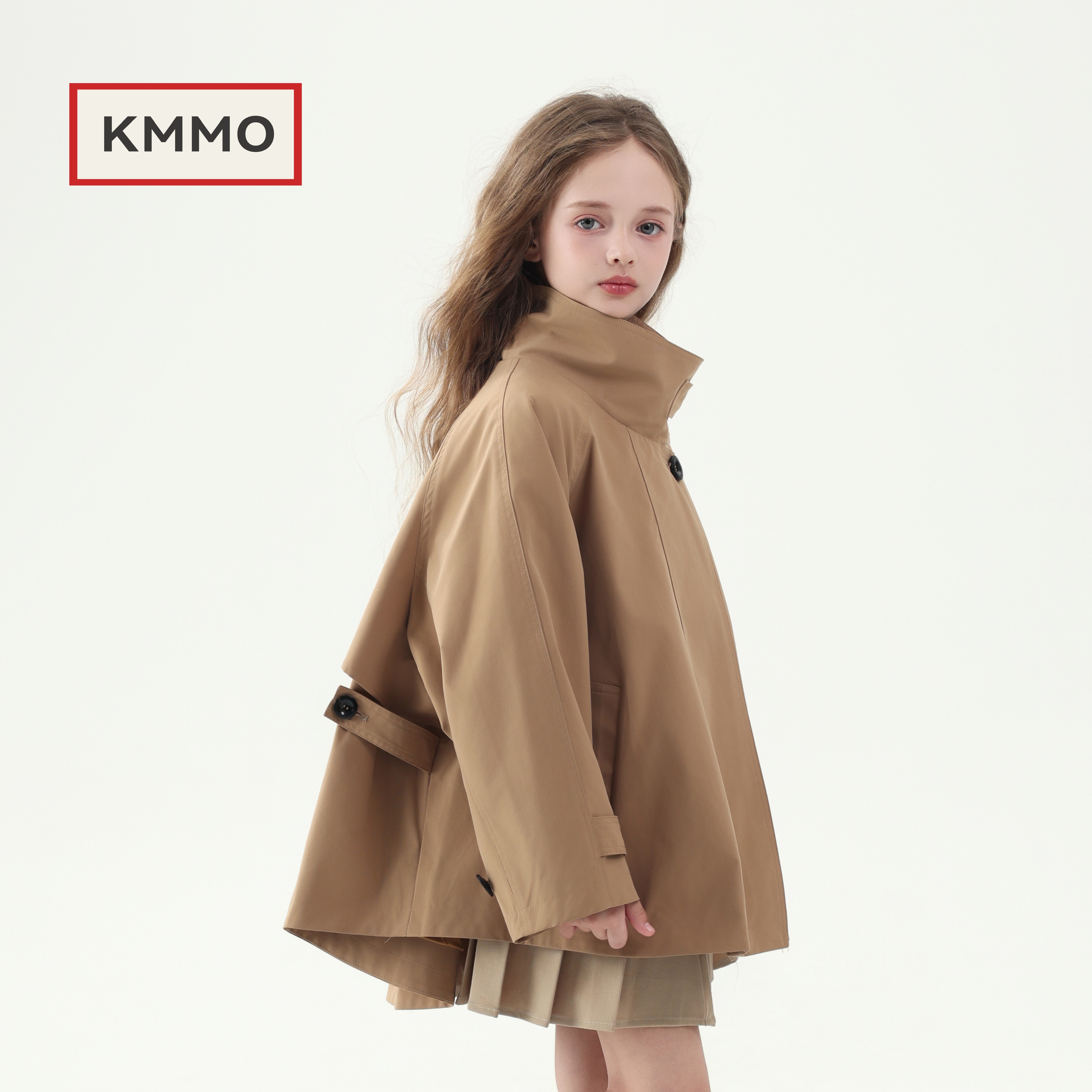 KMMO童装2025秋季新款立领风衣女童秋季新款斗篷式防风卡其外套,淘宝优惠券,粉丝福利购,淘宝优惠卷