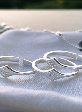 八芒星戒指女简约夏季小星愿星芒指环锆石星星食指戒开口可调节