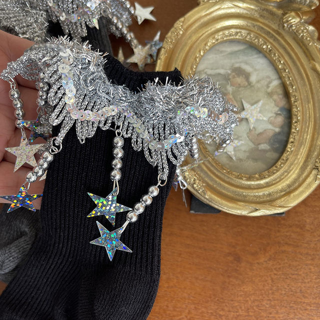 Qianjiangbaby ຜູ້ອອກແບບ sequin ດາວ tassel ເດັກຍິງເດັກນ້ອຍນັກສຶກສາ heel socks ສໍາລັບແມ່ຍິງ
