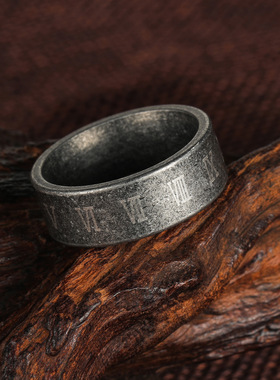 罗马数字做旧古银色钛钢戒指男