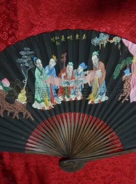 80年代库藏老全棕竹扇绘画黑纸扇