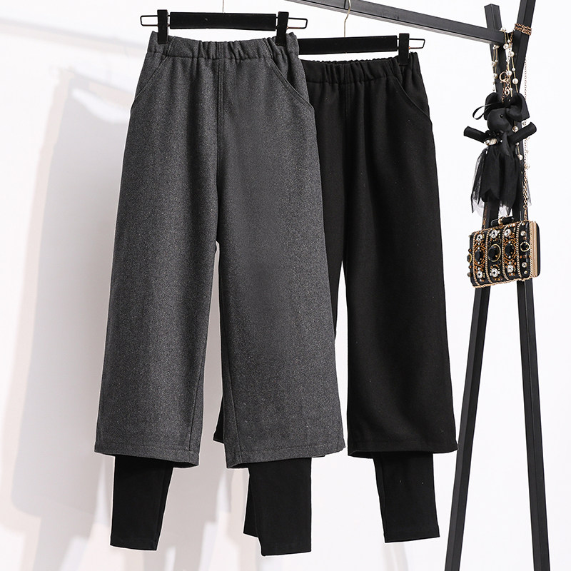 大码女装秋冬款假两件毛呢阔腿裤女胖妹妹松紧腰直筒九分呢子靴裤,淘宝优惠券,粉丝福利购,淘宝优惠卷