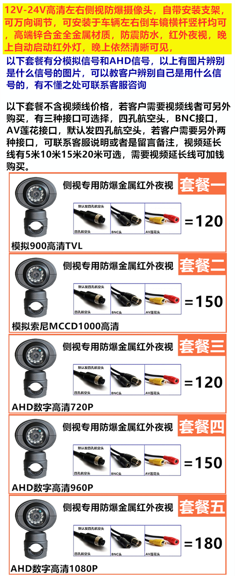 24V校车客车大巴货车专用左右侧视盲区摄像头高清红外夜视防爆头-图2