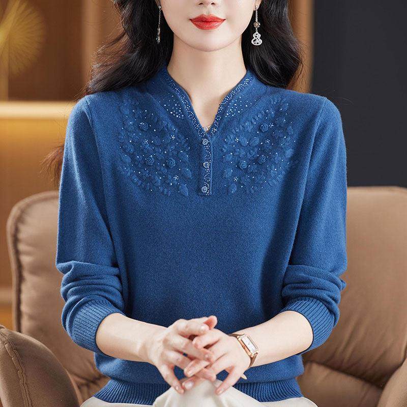 鄂尔多斯市洋气妈妈100%纯羊绒上衣女内搭毛衣中老年旗袍领打底衫,淘宝优惠券,粉丝福利购,淘宝优惠卷