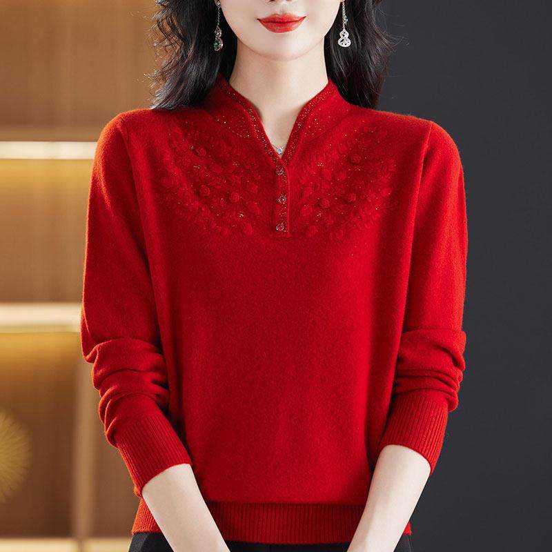 鄂尔多斯市洋气妈妈100%纯羊绒上衣女内搭毛衣中老年旗袍领打底衫,淘宝优惠券,粉丝福利购,淘宝优惠卷