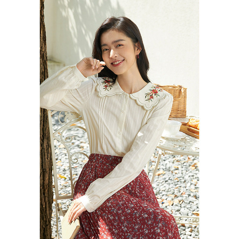 茵曼法式女夏装2022年新款花边衬衫 茵曼慢生活衬衫