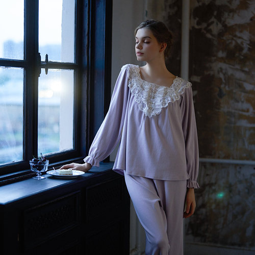 CABRIDA【巴黎风情】秋新品法式经典针织棉长袖家居服套装P812AB1 - 图0