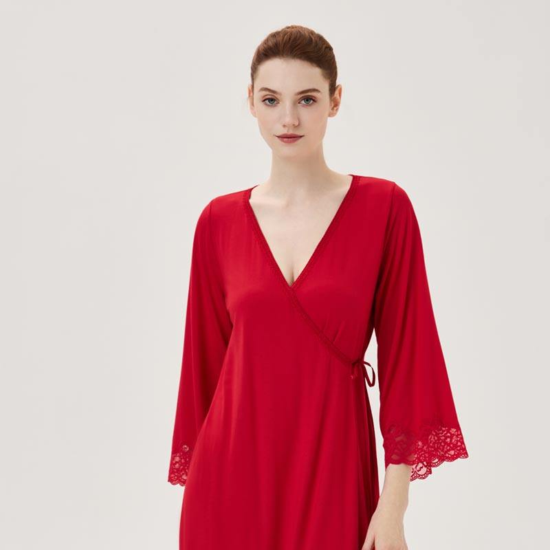CA BRIDA【红】法式明媚红色莫代尔斜襟系带晨褛睡袍O1201,淘宝优惠券,粉丝福利购,淘宝优惠卷