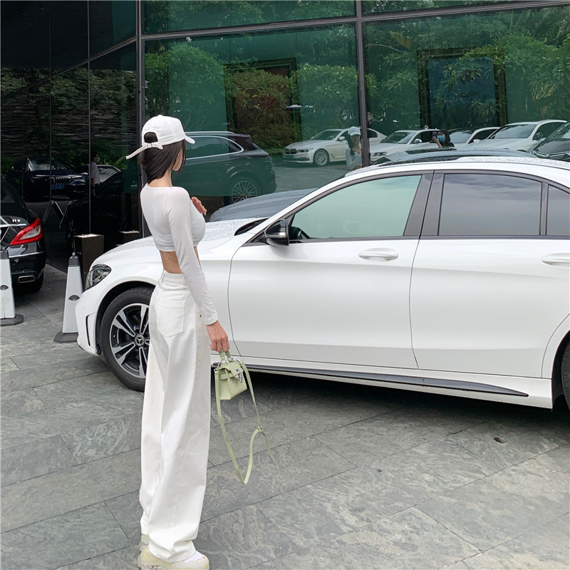 白色裤子女 新款秋季宽松牛仔裤直筒高腰阔腿裤港味垂感长裤潮 2020 白色裤子女 新款秋季宽松牛仔裤直筒高腰阔腿裤港味垂感长裤潮 2020