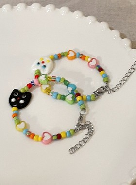 可期网红ins卡通彩色爱心串珠手链童趣黑白猫咪情侣手链米珠手饰