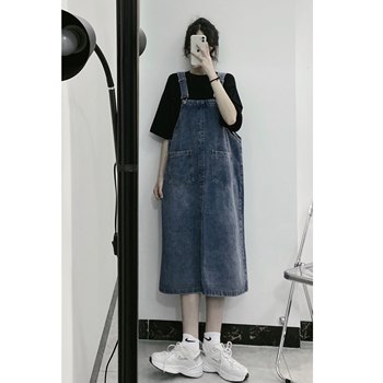 ZY Trendy ພິພິທະພັນ Summer ໃຫມ່ Retro Denim Suspender Skirt ກາງຂອງແມ່ຍິງ niche ການອອກແບບ dress ເບິ່ງກະທັດຮັດ