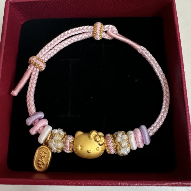 黄金足金999金KT猫手链猫头蝴蝶结转运珠手绳礼物情人节礼物女孩 - 图0
