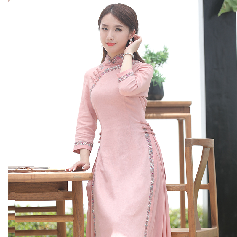 如意风奥黛旗袍女年轻款高端气质中国风复古改良版连衣裙粉色棉麻 - 图1