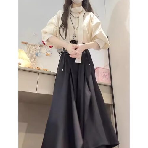 学院风秋季新款设计感不规则半身裙裤腰封搭配杏色衬衫上衣套装女 - 图0