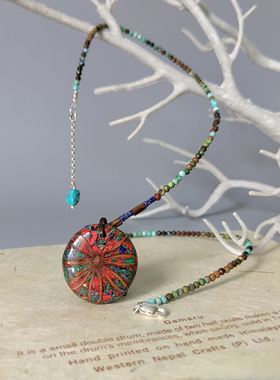 艺术首饰石中花淡香独特个性木与宝石设计圆形双面吊坠松石项链女