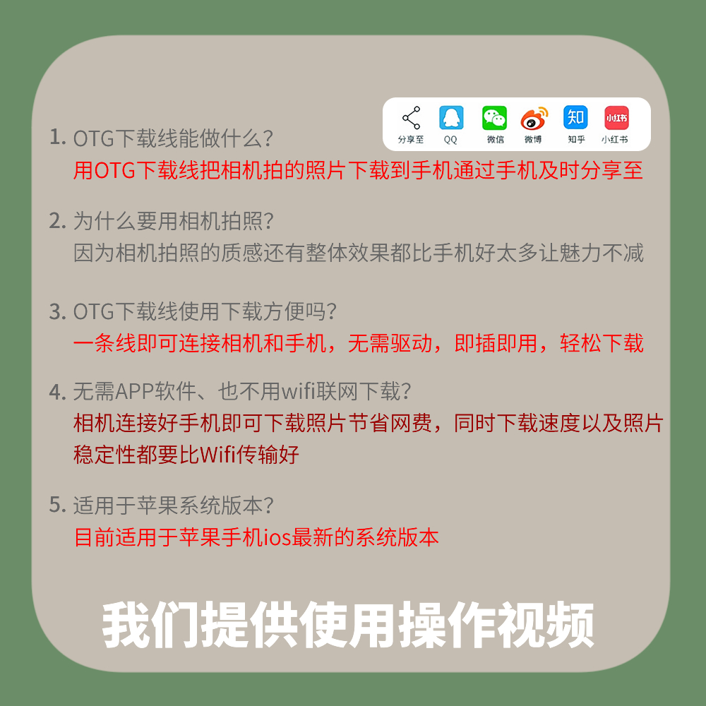 振发 适用于佳能EOS R RP R5 R6 R7 R8 R10 R50相机连接苹果手机OTG转换头内存卡直传器数据线传输线M6 mark2 - 图3