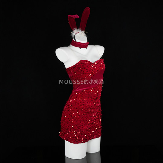 性感纯欲圣诞节亮片丝绒兔女郎包臀裙cos角色扮演制服晴趣qqny