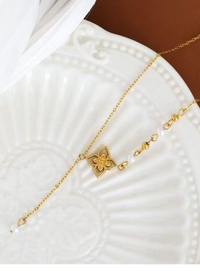 新中式镂空花朵流苏项链钛女钢不掉色法式复古金色珍珠流苏锁骨链