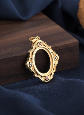 越南沙金吊坠空托宫廷设计复古饰品 可镶嵌和田玉 红玛瑙玉髓旦形