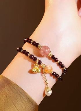 双层叠戴石榴红莲蓬小滴溜手串女轻奢小众精致串珠手链闺蜜手饰品