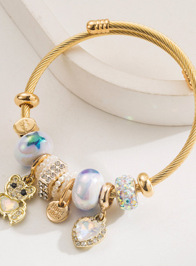 跨境热销潘家不锈钢手镯时尚甜美水钻爱心小熊挂件高级感串珠手链