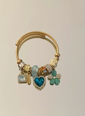 跨境热销潘家不锈钢手镯时尚甜美锁心爱心花朵挂件高级感串珠手链