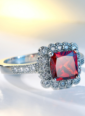 欧美轻奢方形红色白金女戒百搭