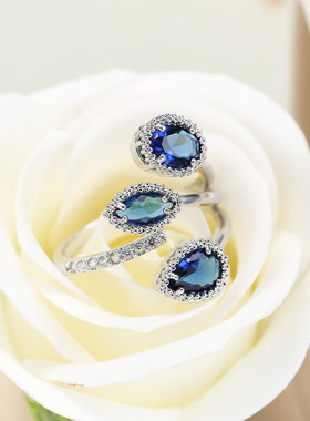 轻奢宝蓝水滴锆石开口铜戒指女