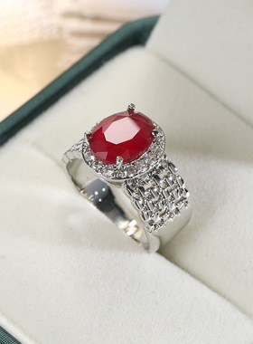 超闪红锆石戒指欧美创意几何饰品手饰红宝石爱心高级感时尚指环女