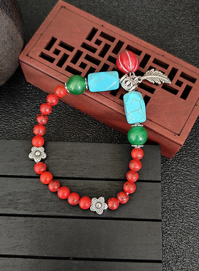 民族风绿松石复古弹力绳手链新中式国风手串饰品气质百搭日常通勤