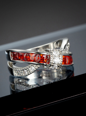 彩色锆石交叉戒指男女轻奢小众