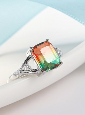 镶嵌彩色水晶戒指手饰碧玺色指环锆石配饰时尚气质日常通勤饰品