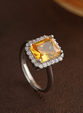 轻奢方形彩宝满钻超闪开口钻戒