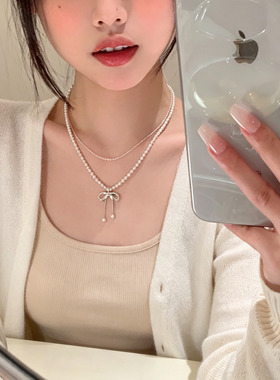 钛钢不掉色双层叠戴珍珠蝴蝶结项