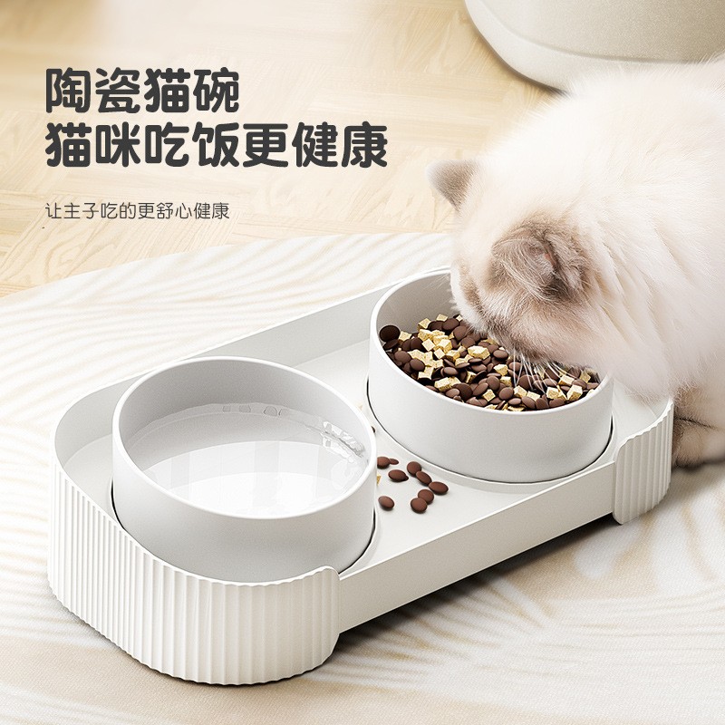 宠物双碗陶瓷猫碗一体防打翻护颈防滑防洒喂食喂粮水宽口径狗狗碗 - 图0