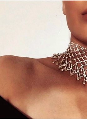 欧美轻奢水钻流苏颈链女高级感气质闪亮新娘婚纱配饰项链脖子饰品