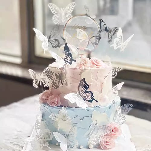 ins网红幻彩蝴蝶蛋糕装饰插件铁丝薄纱女神节日快乐派对装扮插牌 - 图2