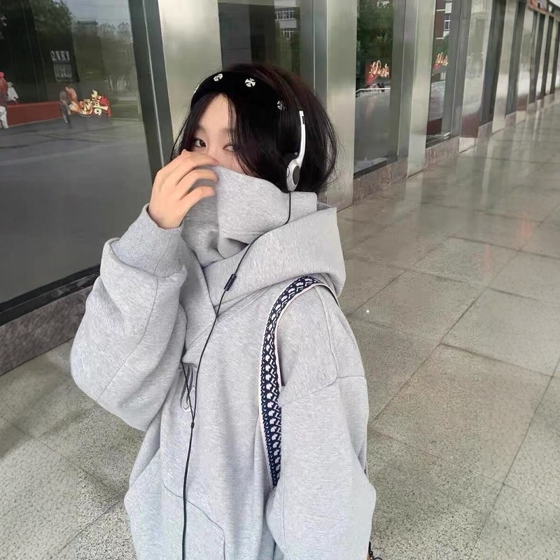 秋冬季美式i人社恐重磅卫衣连帽高领男女加绒加厚澜同款忍者帽衫 - 图2