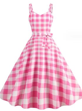 Women's Fashion Dress Pink Plaid Party Evening Dress Summer